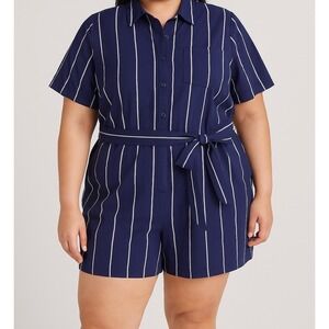 AVA & VIV Navy White Pin Stripe Button Front Belted Romper Plus‎ Size 1X